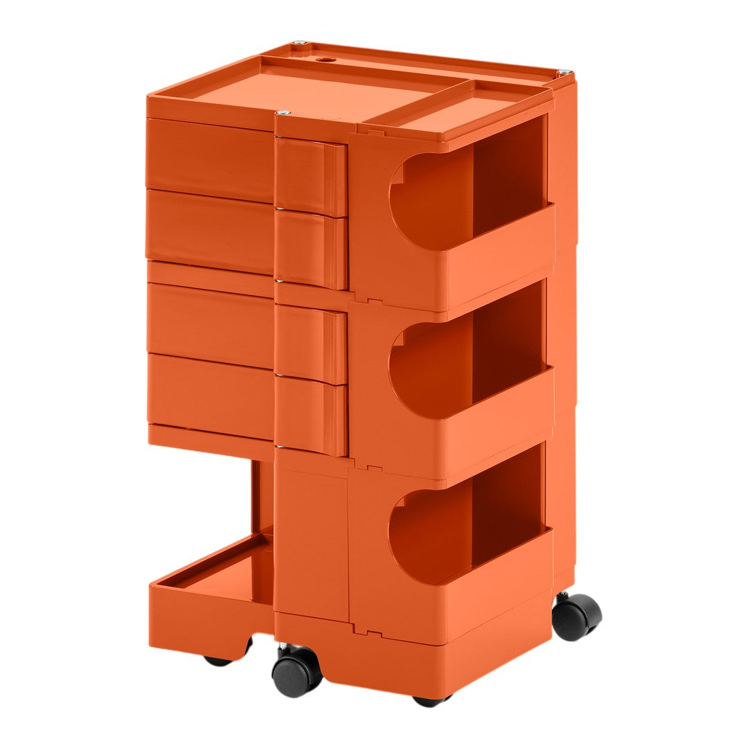Bright orange rolling storage cart with three open drawers and a sleek design. Perfect for modern organizing.