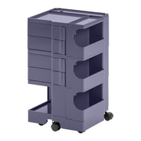 Purple storage trolley with three drawers and a sleek, modern design on caster wheels. Perfect for organizing spaces.
