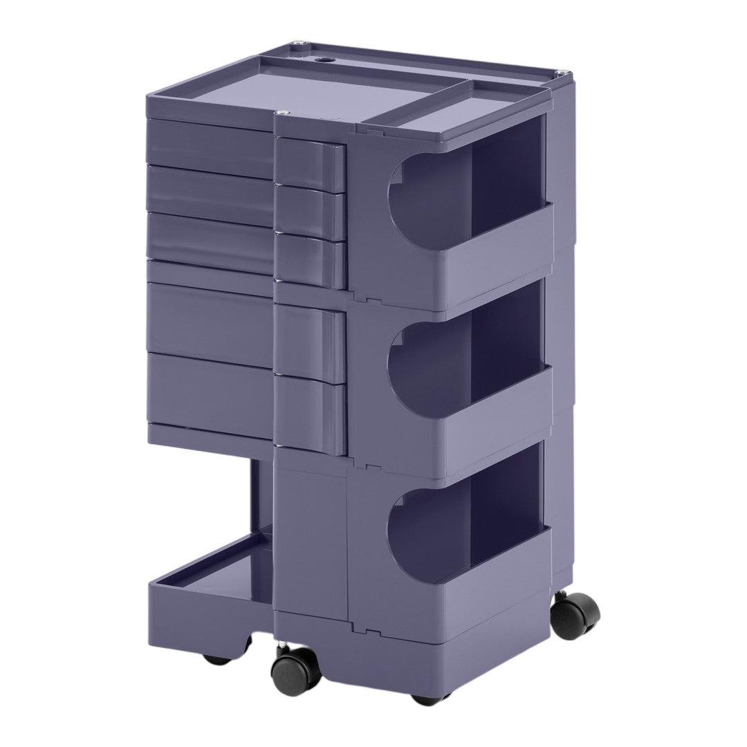 Purple storage cart with three open drawers and a top compartment, featuring a sleek, modern design.