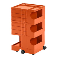 Stackable orange storage cart with three drawers and a sleek design, featuring a seamless, modern finish.