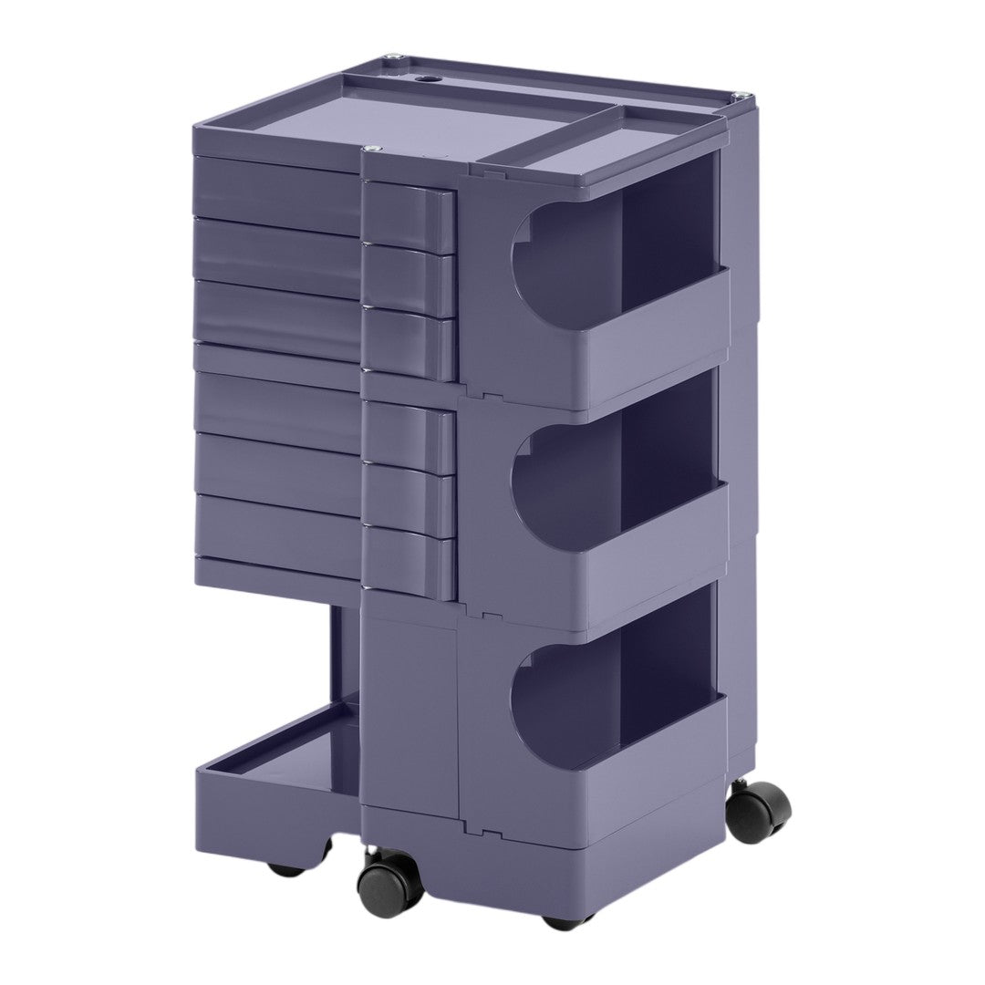 Purple storage cart with four drawers and a smooth, modern design, featuring sleek lines and a minimalist aesthetic.
