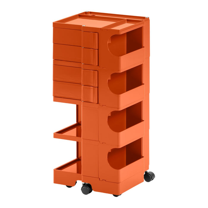 "Four-tiered storage cart in vibrant orange with smooth lines and cut-out handles for easy access."