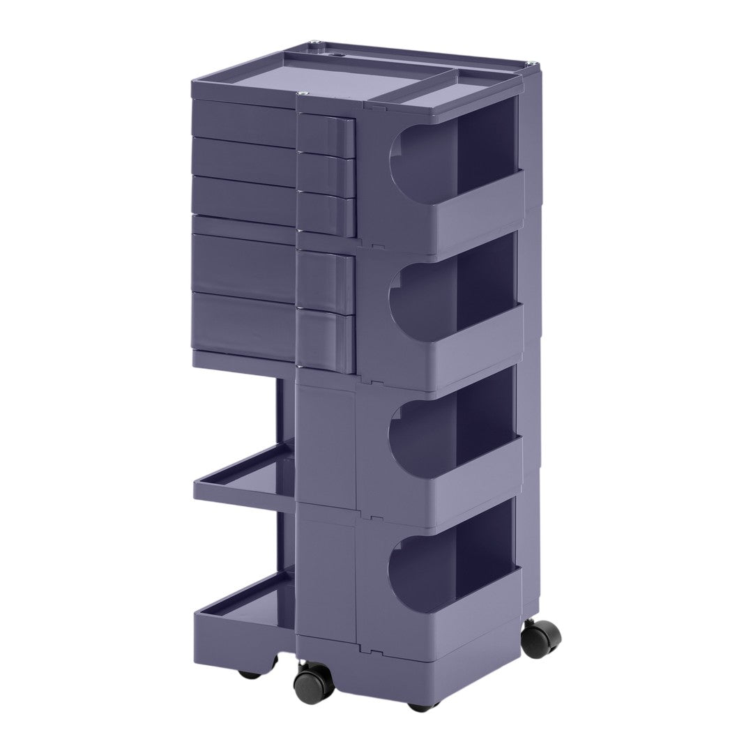Purple rolling storage cart with smooth surfaces and minimalist design, featuring four spacious drawers. Perfect for organization.
