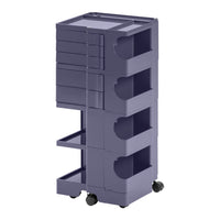 Purple rolling storage cart with smooth surfaces and minimalist design, featuring four spacious drawers. Perfect for organization.
