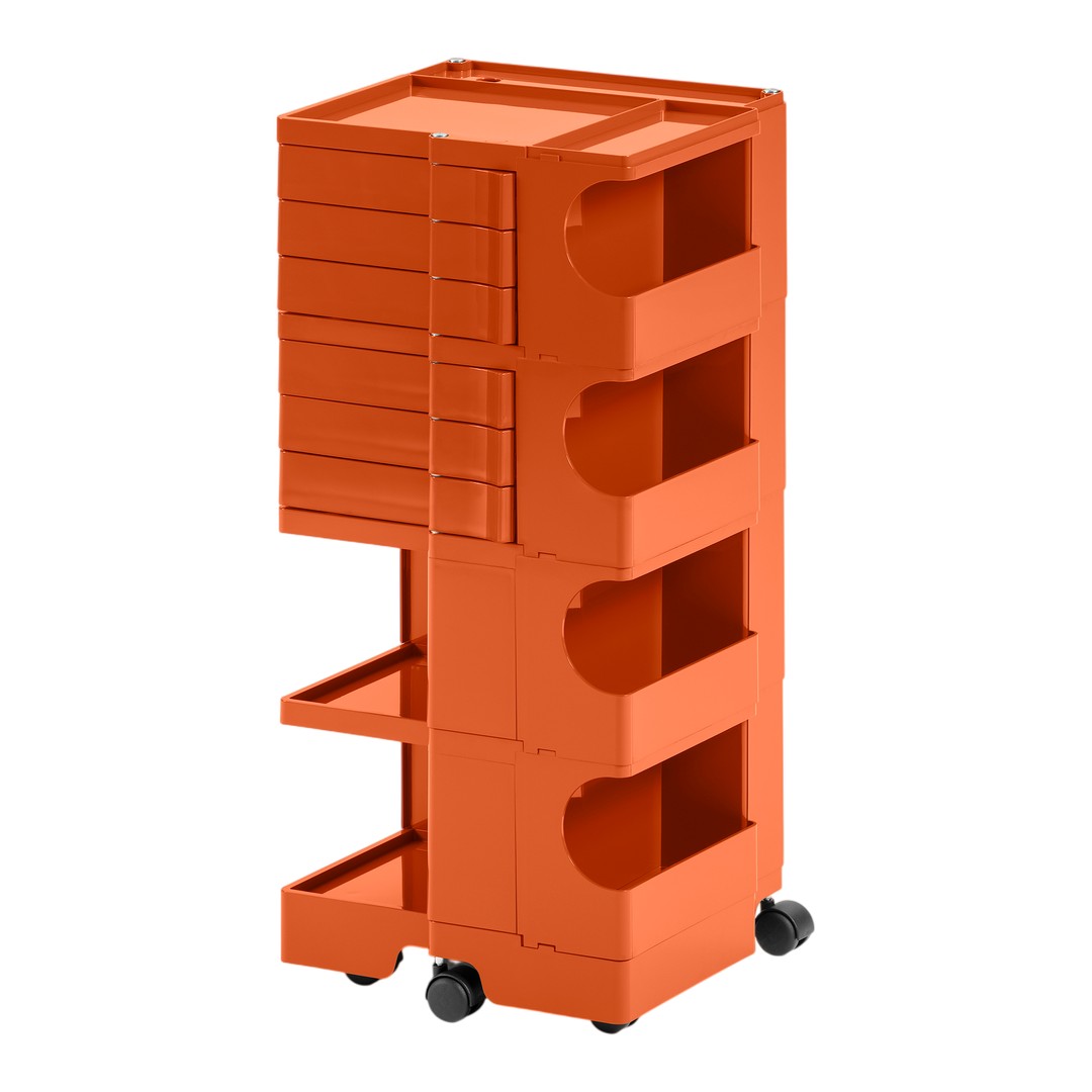 Orange storage cart with four drawers and a sleek, modern design on rolling wheels. Ideal for organizing spaces.
