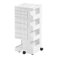 White multi-drawer storage cart with smooth surfaces and minimalist design, featuring rolling wheels for easy mobility.