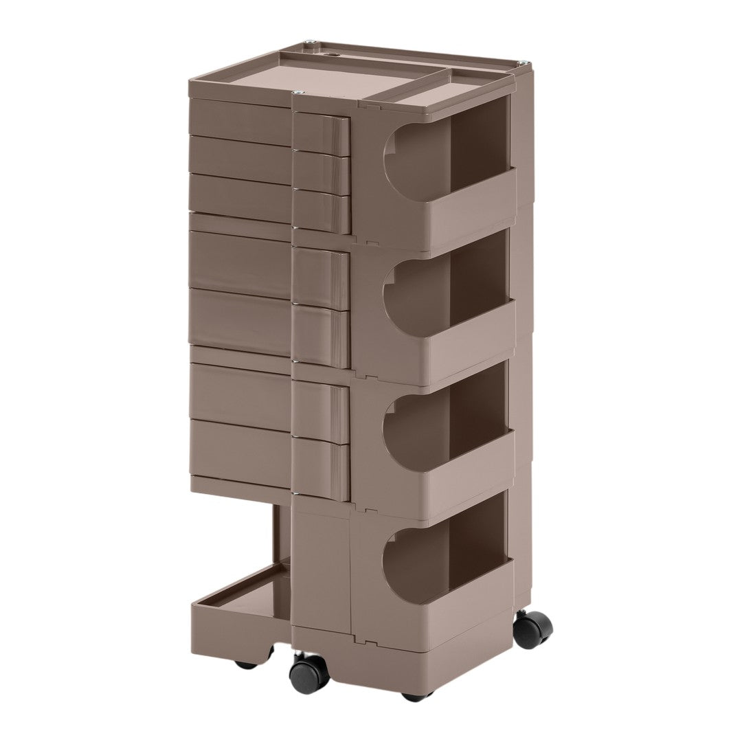 Brown six-drawer rolling cart with smooth, sleek surface and minimalist design, featuring a solid color and no patterns.