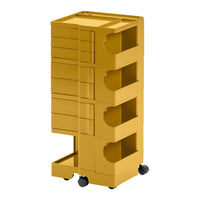 Yellow rolling storage cart with five drawers and a smooth surface, featuring a minimalist design and modern aesthetic.
