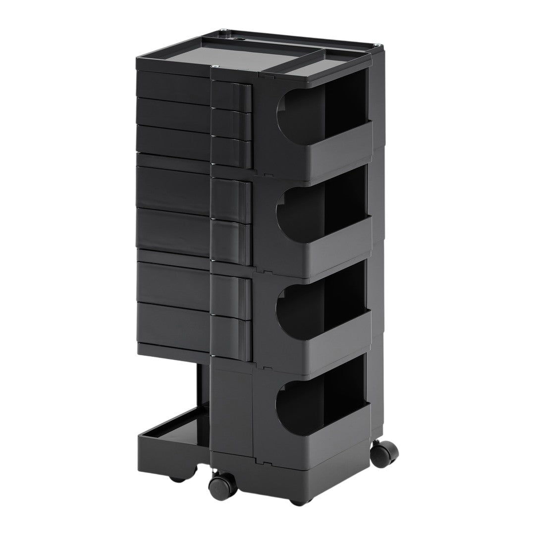 Black storage cart with five drawers and smooth, sleek design on rolling casters. Ideal for organizing and decluttering.