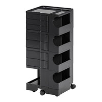 Black storage cart with five drawers and smooth, sleek design on rolling casters. Ideal for organizing and decluttering.
