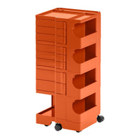 Orange rolling storage cart with five drawers and a sleek, modern design. Ideal for organization and style.