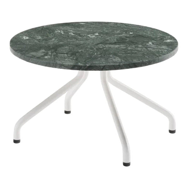 Round green marble tabletop with a subtle pattern, supported by white metal legs. Ideal for modern decor.