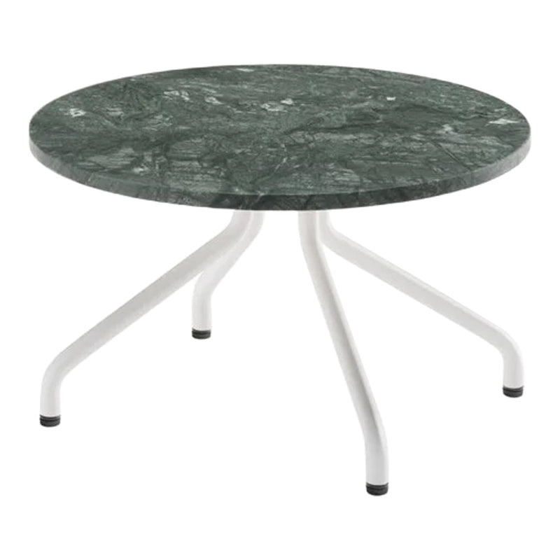 Round green marble tabletop with a subtle pattern, supported by white metal legs. Ideal for modern decor.