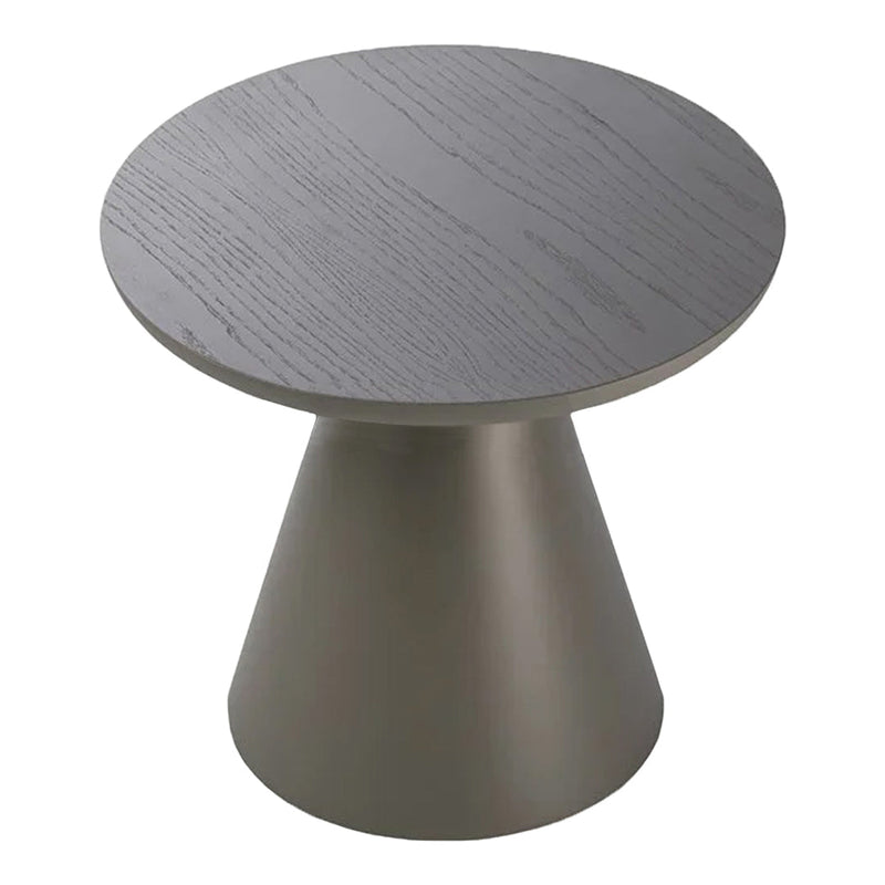 Gray wooden tabletop with subtle grain pattern, paired with a sleek gray conical base. Modern, minimalist design.