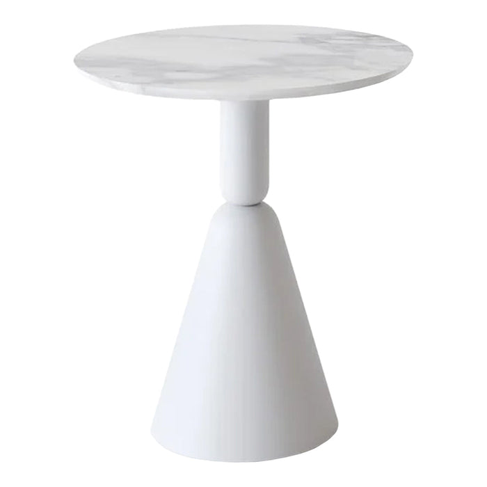 White marble top and sleek white base, featuring a modern cone shape for a stylish accent table.