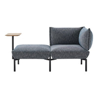 Gray-patterned contemporary sofa with geometric texture and black metal frame, featuring a wooden side table.
