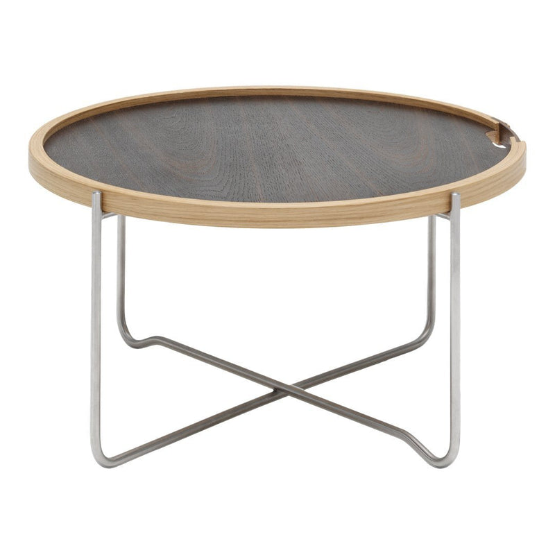 Round coffee table with a dark wood surface, light wooden rim, and silver metal legs, showcasing a modern minimalist design.