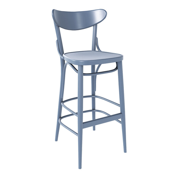 Light blue bar stool with sleek lines and a minimalist design, featuring a solid seat and classic backrest.