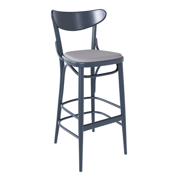 Gray metal barstool with a subtle curved backrest and a matching upholstered seat, featuring a minimalist design.