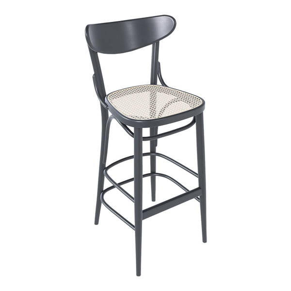 Black wooden bar stool with a woven, natural-colored seat in a contemporary design. Perfect for modern interiors.