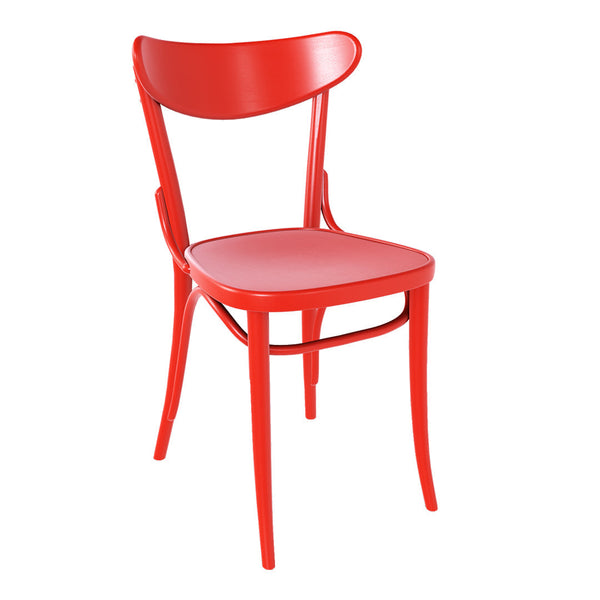 Bright red dining chair with a sleek design and smooth finish, featuring a classic curved backrest and simple shape.