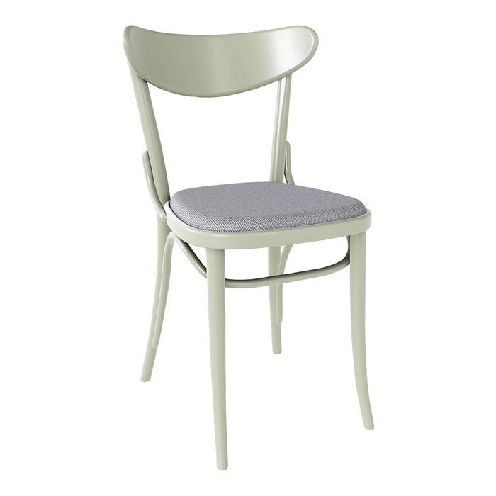 Light green wooden chair with a gray patterned cushioned seat. Modern design complements various interiors.