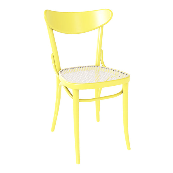 Bright yellow chair with a stylish curved back and woven seat, perfect for adding a pop of color to any space.