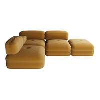 Modern modular sofa in warm mustard yellow, featuring a sleek, minimalist design with smooth, rounded edges.