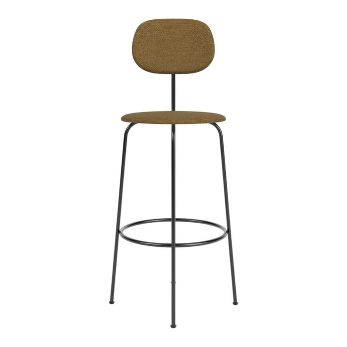 Brown upholstered bar stool with a simple, modern design and black metal legs, suitable for various decor styles.