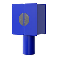 Modern blue table lamp featuring a geometric design and a circular cutout detail. Perfect for stylish decor.