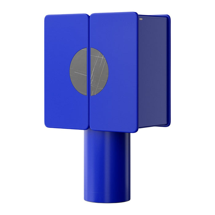 Modern blue table lamp featuring a geometric design and a circular cutout detail. Perfect for stylish decor.