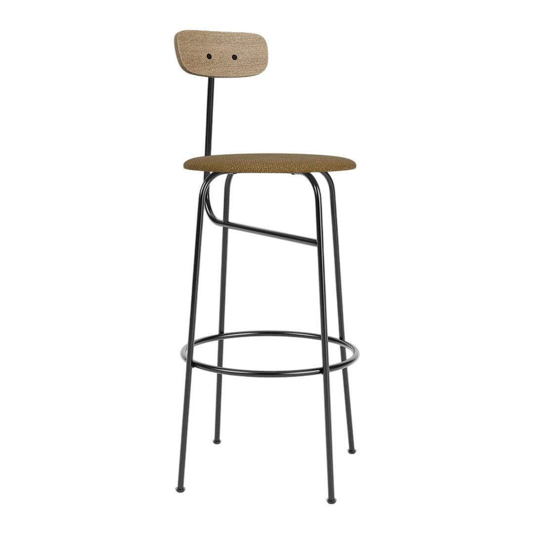 Wooden bar stool with a natural finish and sleek black metal legs, featuring a minimalist design.