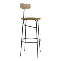 Wooden bar stool with a natural finish and sleek black metal legs, featuring a minimalist design.