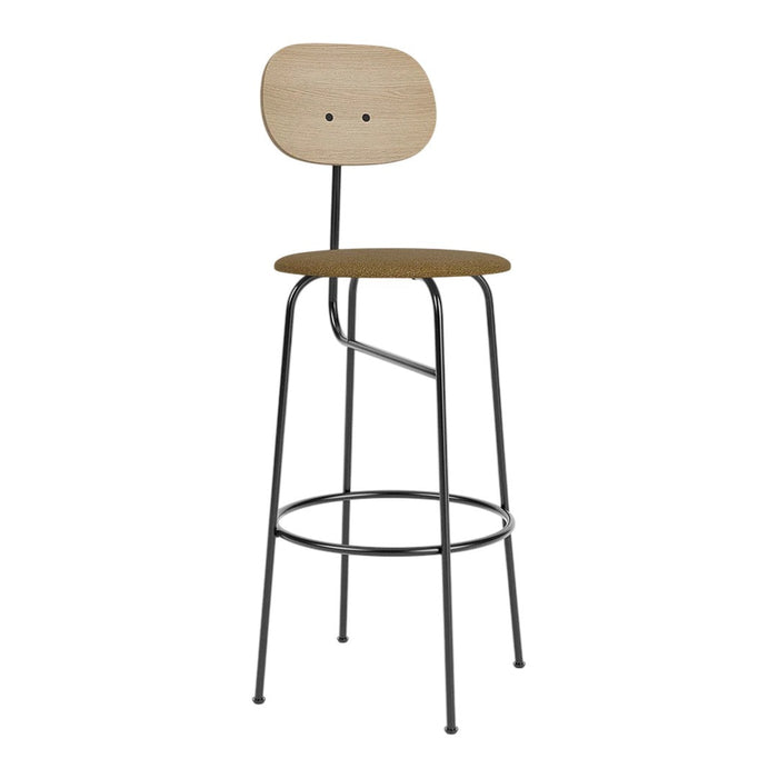 Wooden bar stool with a natural finish and sleek black metal legs, showcasing minimalist design and contemporary style.