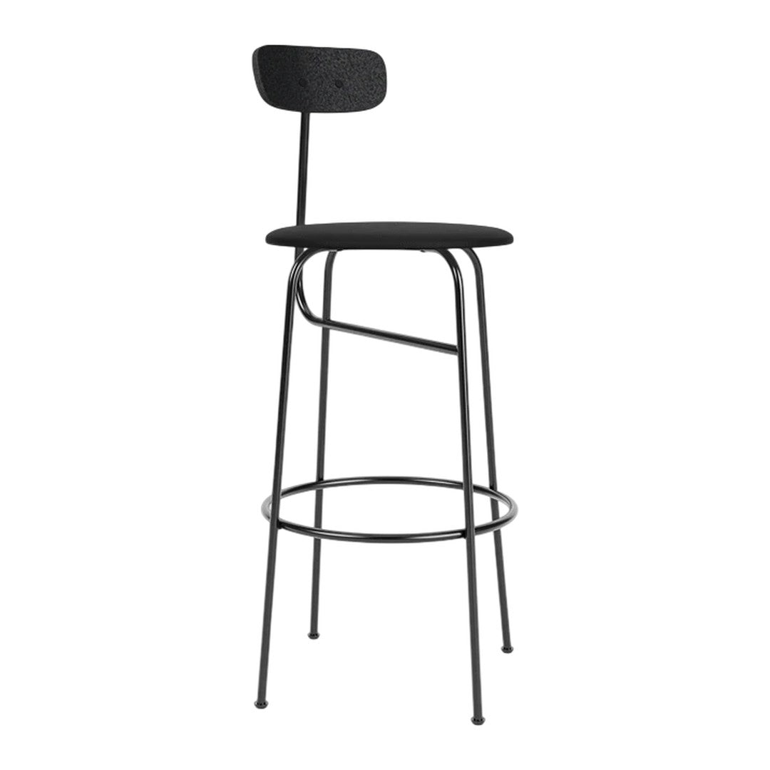 Black metal barstool with a simple, modern design and a sleek, minimalistic silhouette. Ideal for contemporary spaces.