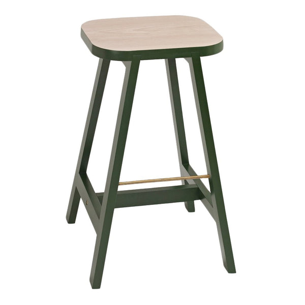 Green wooden bar stool with a smooth light wood top and clean, modern lines. Perfect for contemporary decor.