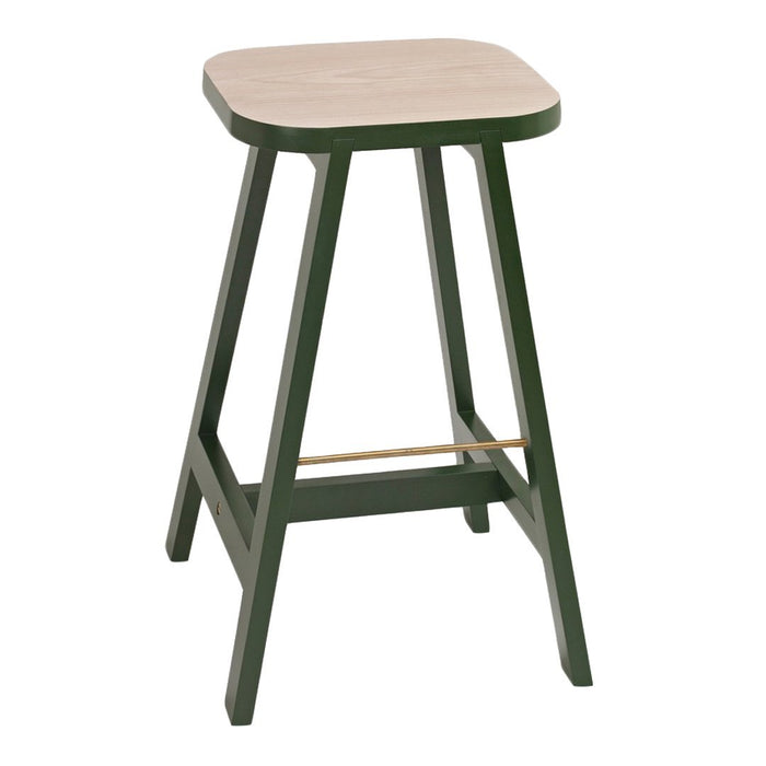 Green wooden bar stool with a smooth light wood top and clean, modern lines. Perfect for contemporary decor.