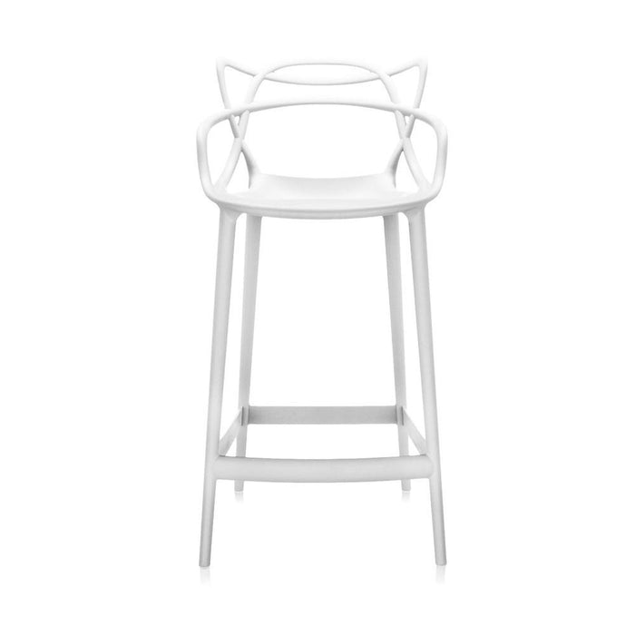 White modern bar stool with sleek, minimalist design and curved backrest. Perfect for contemporary interiors.