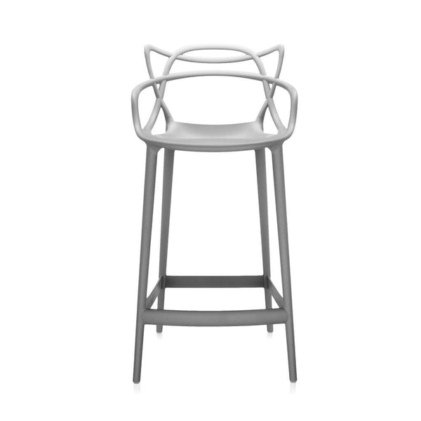 Gray bar stool with a modern design, featuring smooth lines and an intricate backrest pattern. Ideal for contemporary spaces.