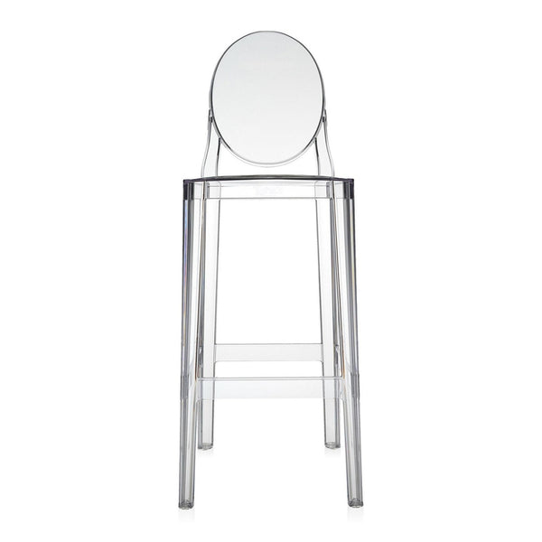 Clear acrylic bar stool with a sleek, minimalist design and an oval backrest, showcasing a transparent finish.