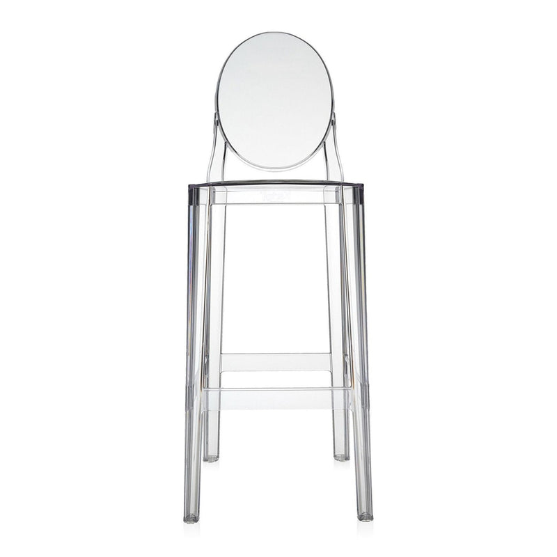 Clear acrylic bar stool with a sleek, minimalist design and an oval backrest, showcasing a transparent finish.