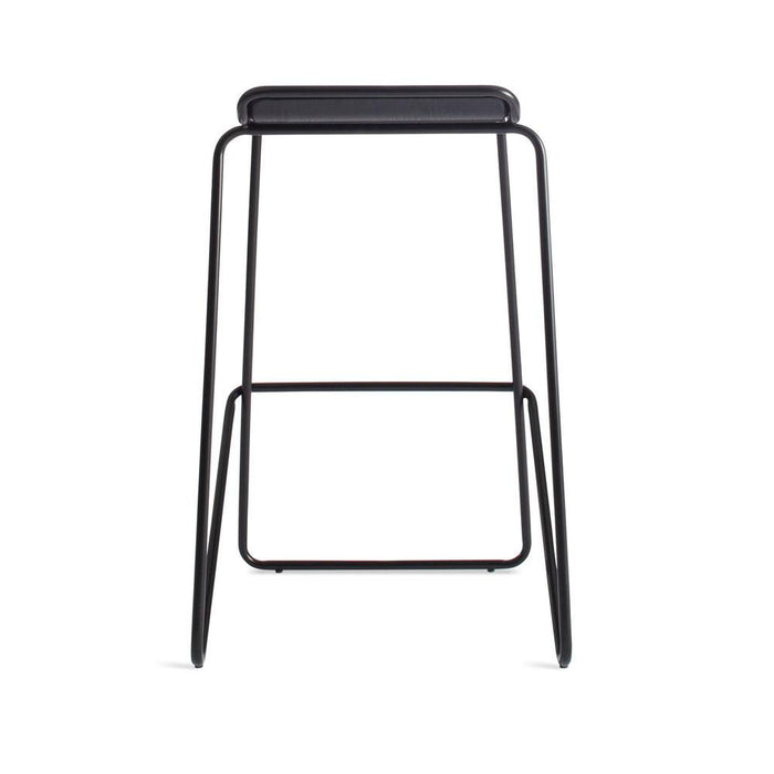 Black metal bar stool with a sleek, minimal design and matte finish, perfect for modern decor.