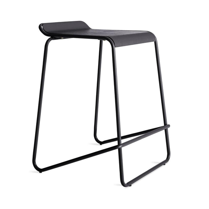 Black modern bar stool with a sleek, minimalist design and smooth, solid seat. Sturdy metal frame adds durability.