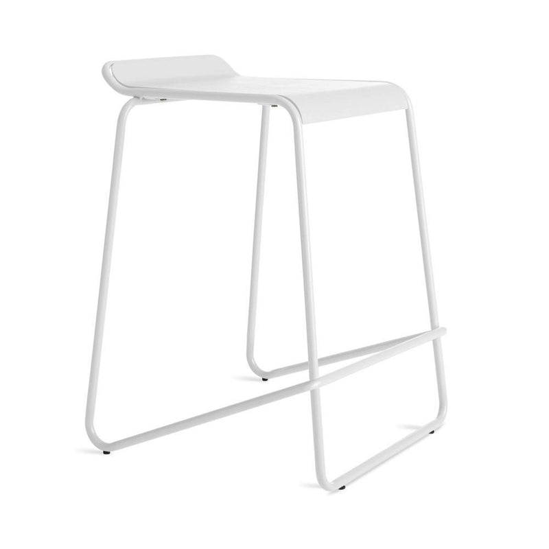 Sleek white bar stool with a minimalist design and smooth surface, featuring a clean and modern aesthetic.