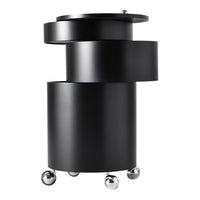 Black spiral nesting side table with smooth finish and circular patterns, featuring metallic wheels for easy mobility.