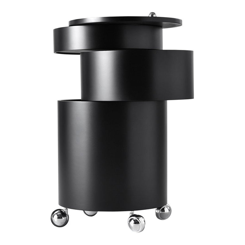Black spiral nesting side table with smooth finish and circular patterns, featuring metallic wheels for easy mobility.