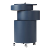 Modern navy blue storage cart with a sleek, curved design and stacked circular drawers, featuring shiny chrome wheels.
