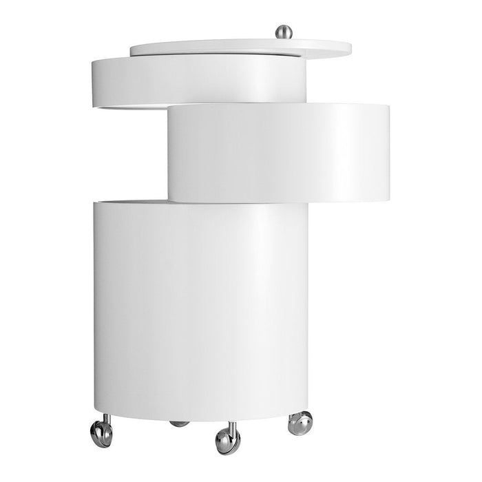 Modern white cart with smooth, rounded layers and a minimalistic design, featuring a glossy finish and rolling wheels.