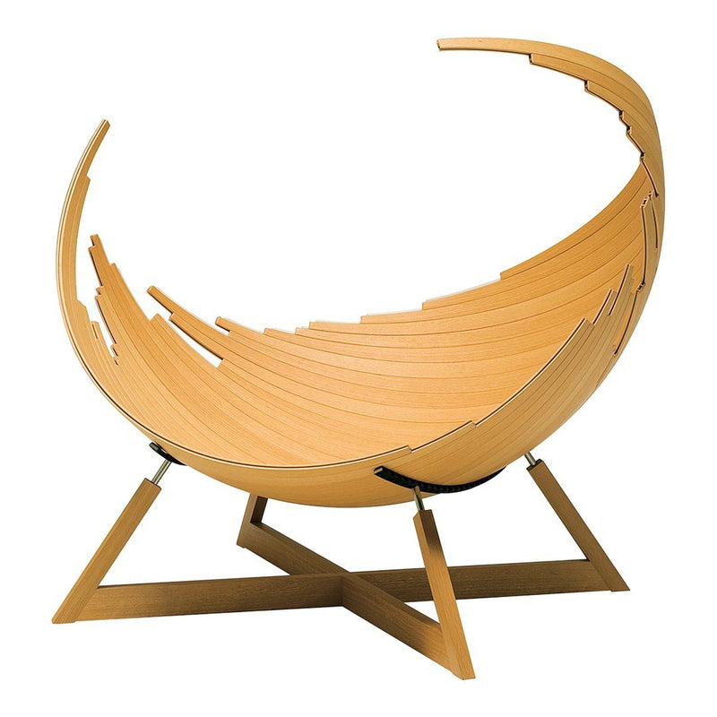 Stylish wooden chair with a curved, slatted design featuring natural wood tones and a sleek, modern base.