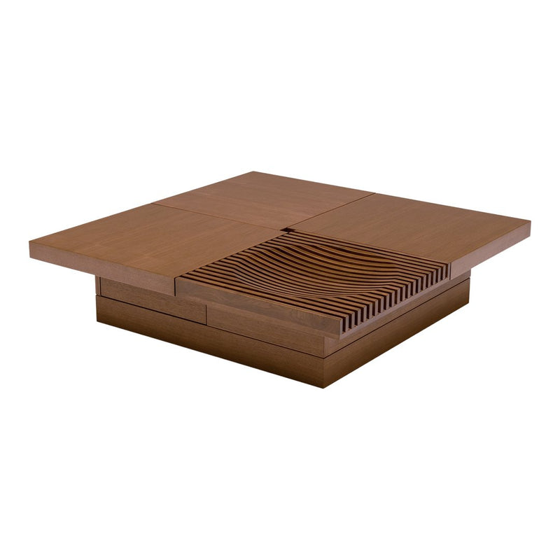 Modern square coffee table in warm brown tones with textured linear accents and smooth surfaces.